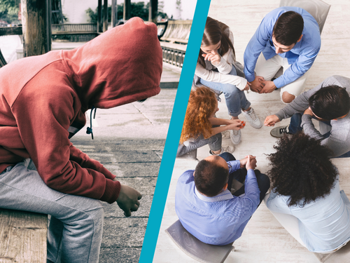 Split image of boy in hoodie and group of practitioners in a discussion circle
