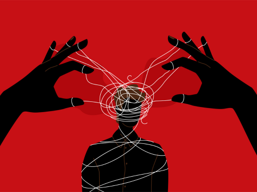 Graphic of hands manipulating strings around a second figure