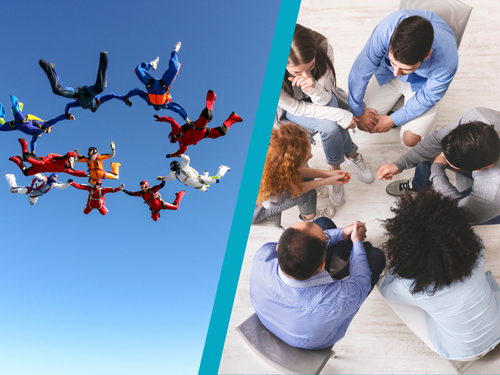 Group of people skydiving together